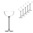 Six empty coupe glasses, including the stylish Lehmann Glass La Creative London Cocktail Coupe 200ml from Lehmann Glass, are lined up diagonally on a white background, with one glass shown larger in the foreground on the left and five gradually smaller glasses arranged behind it to the right.