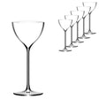 A set of six clear, lead-free crystal Lehmann Glass La Creative New York Nick & Nora Cocktail Glass 170ml arranged in a diagonal line.
