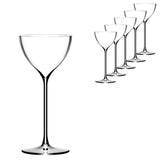 A set of six clear, lead-free crystal Lehmann Glass La Creative New York Nick & Nora Cocktail Glass 170ml arranged in a diagonal line.