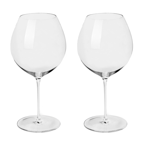 The Richard Brendon The Occasional Collection Burgundy Wine Glass Set of 2 features clear, long-stemmed glasses crafted from mouth-blown crystal, shown side by side on a white background.