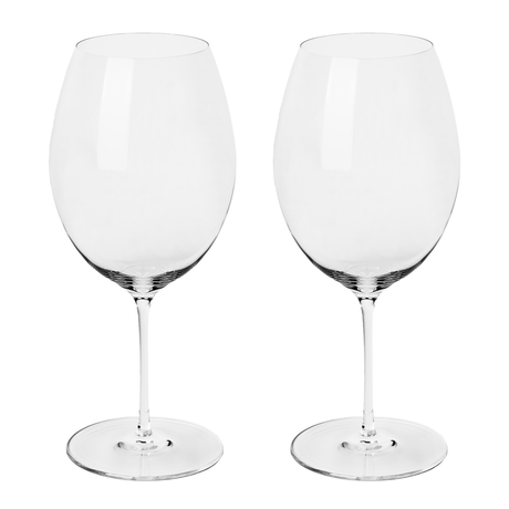A set of two Richard Brendon The Occasional Collection Bordeaux Wine Glasses, made from clear mouth-blown crystal with long stems and wide bowls, are displayed side by side on a white background.