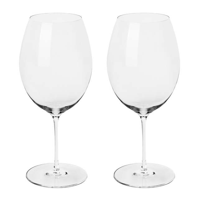 A set of two Richard Brendon The Occasional Collection Bordeaux Wine Glasses, made from clear mouth-blown crystal with long stems and wide bowls, are displayed side by side on a white background.