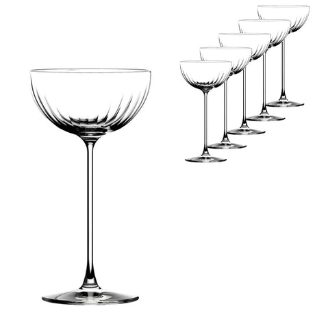 Set of 6 clear crystal Lehmann Glass La Creative Roma Cocktail Coupe 220ml glasses featuring ribbed bowls and slender stems.