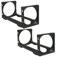 The Stakrax Plastic Wine Rack Black Additional Bottle - Set of 2 by Stakrax includes two identical black plastic brackets with large circular openings and rectangular frames, designed to mount or secure cylindrical objects—making them ideal modular components for building or expanding a customizable Stakrax wine rack storage system.