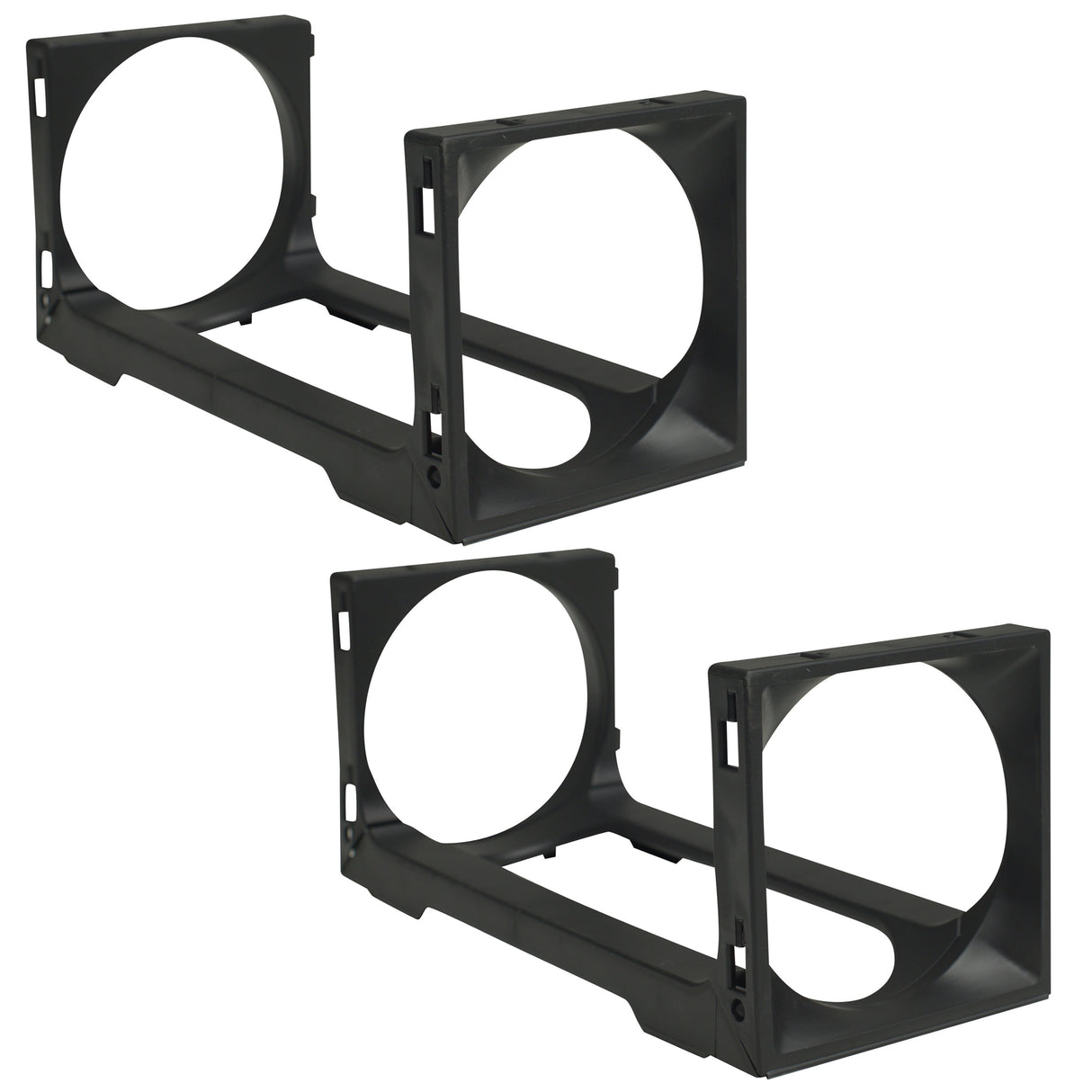 The Stakrax Plastic Wine Rack Black Additional Bottle - Set of 2 by Stakrax includes two identical black plastic brackets with large circular openings and rectangular frames, designed to mount or secure cylindrical objects—making them ideal modular components for building or expanding a customizable Stakrax wine rack storage system.