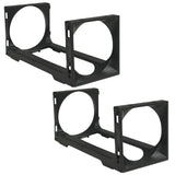The Stakrax Plastic Wine Rack Black Additional Bottle - Set of 2 by Stakrax includes two identical black plastic brackets with large circular openings and rectangular frames, designed to mount or secure cylindrical objects—making them ideal modular components for building or expanding a customizable Stakrax wine rack storage system.