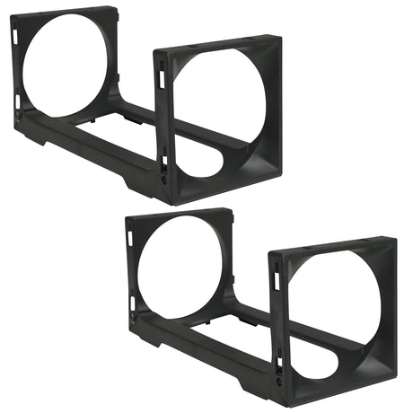 The Stakrax Plastic Wine Rack Black Additional Bottle - Set of 2 by Stakrax includes two identical black plastic brackets with large circular openings and rectangular frames, designed to mount or secure cylindrical objects—making them ideal modular components for building or expanding a customizable Stakrax wine rack storage system.