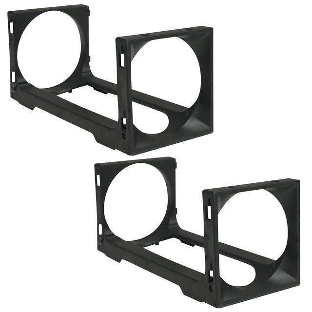 The Stakrax Plastic Wine Rack Black Additional Bottle - Set of 2 by Stakrax includes two identical black plastic brackets with large circular openings and rectangular frames, designed to mount or secure cylindrical objects—making them ideal modular components for building or expanding a customizable Stakrax wine rack storage system.