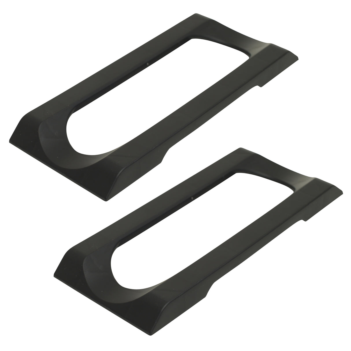 The Stakrax Plastic Wine Rack Black Top Plate – Set of 2 by Stakrax features two black, rectangular plastic frames with rounded inner edges, positioned parallel to each other on a white background, serving as foundational components for the modular Stakrax wine rack system.