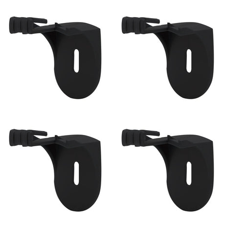 The Stakrax Plastic Wine Rack Black Wall Brackets - Set of 4, from Stakrax, features four identical black plastic brackets with slots for attachment and protruding tabs. Arranged in a two-by-two grid on a white background, these brackets are designed for use with modular wine storage systems like the Stakrax wine rack, providing sturdy and customizable support.