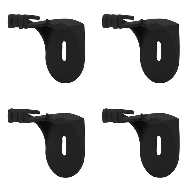 The Stakrax Plastic Wine Rack Black Wall Brackets - Set of 4, from Stakrax, features four identical black plastic brackets with slots for attachment and protruding tabs. Arranged in a two-by-two grid on a white background, these brackets are designed for use with modular wine storage systems like the Stakrax wine rack, providing sturdy and customizable support.