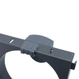 A close-up of a black Stakrax plastic wall bracket with a circular opening and a small raised rectangular section, designed as part of the Stakrax Plastic Wine Rack Black Wall Brackets – Set of 4.