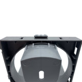 Close-up of a black plastic wall bracket with a round opening and rectangular frame, viewed from a low angle against a white background—part of the Stakrax Plastic Wine Rack Black Wall Brackets (Set of 4), an innovative component by Stakrax that enables modular, customizable wine storage solutions.
