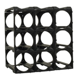 The Stakrax 12 Bottle Plastic Wine Rack by Stakrax, in black, is an open modular rack with space for 12 bottles and can be expanded for flexible wine storage. Its minimalist design allows horizontal bottle placement and easy integration into larger systems.