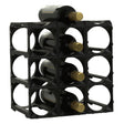 The Stakrax 12 Bottle Plastic Wine Rack in black by Stakrax is an expandable modular rack, shown on a white background, holding wine bottles with gold caps arranged horizontally.