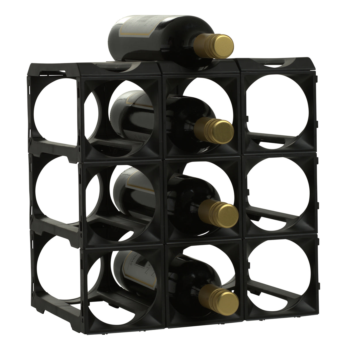 The Stakrax 12 Bottle Plastic Wine Rack in black by Stakrax is an expandable modular rack, shown on a white background, holding wine bottles with gold caps arranged horizontally.