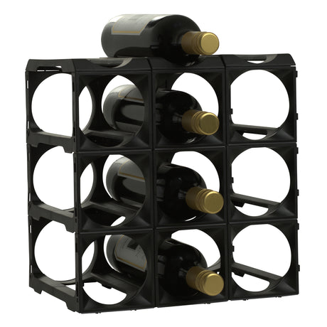 The Stakrax 12 Bottle Plastic Wine Rack in black by Stakrax is an expandable modular rack, shown on a white background, holding wine bottles with gold caps arranged horizontally.