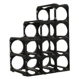The Stakrax 12 Bottle Plastic Wine Rack by Stakrax features a modular, black design with twelve square compartments in a staircase layout, providing an expandable solution for horizontal wine bottle storage.