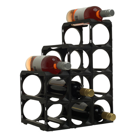 The Stakrax 12 Bottle Plastic Wine Rack in black by Stakrax is a modular, expandable rack with a stepped design that stores bottles like rosé and red horizontally and at an angle.