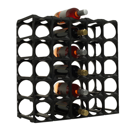 The Stakrax 30 Bottle Plastic Wine Rack in black by Stakrax displays several wine bottles with empty slots for expansion, set against a white background—ideal for modular and expandable wine storage.