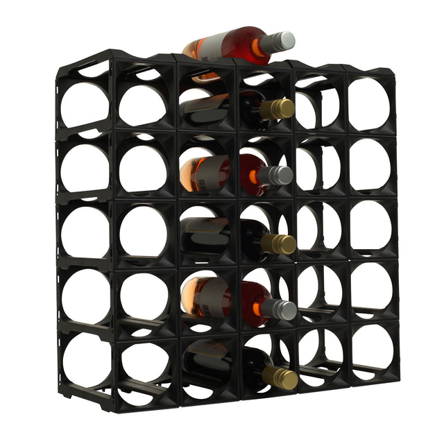 The Stakrax 30 Bottle Plastic Wine Rack in black by Stakrax displays several wine bottles with empty slots for expansion, set against a white background—ideal for modular and expandable wine storage.