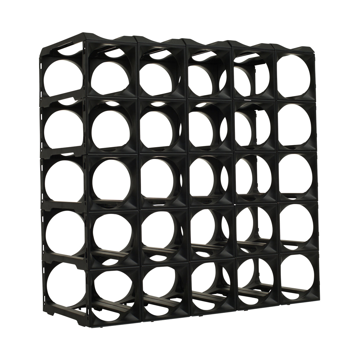 The Stakrax 30 Bottle Plastic Wine Rack in black by Stakrax features a modular design with five rows and columns, each square compartment has a circular center opening. Empty and shown against a white background, it's perfect for expandable wine storage.
