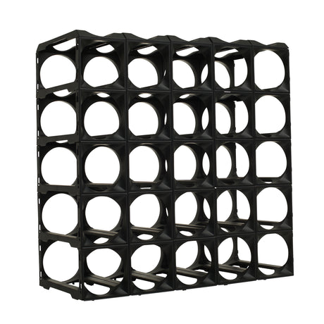 The Stakrax 30 Bottle Plastic Wine Rack in black by Stakrax features a modular design with five rows and columns, each square compartment has a circular center opening. Empty and shown against a white background, it's perfect for expandable wine storage.