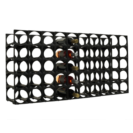 The Stakrax 50 Bottle Plastic Wine Rack in black by Stakrax is shown horizontally with a grid design, holding five bottles while other slots are empty. The expandable plastic storage system is set against a white background.