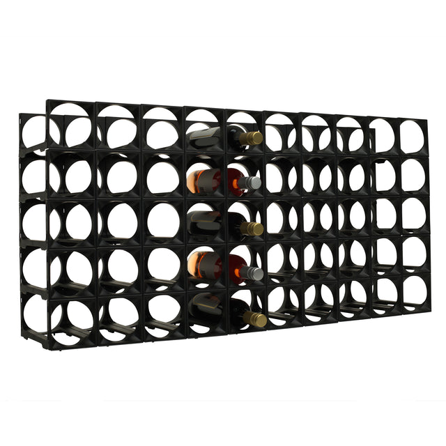 The Stakrax 50 Bottle Plastic Wine Rack in black by Stakrax is shown horizontally with a grid design, holding five bottles while other slots are empty. The expandable plastic storage system is set against a white background.