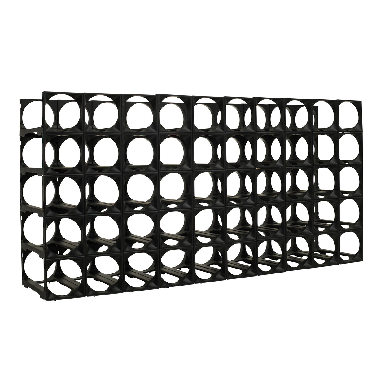 The Stakrax 50 Bottle Plastic Wine Rack by Stakrax is a black, modular storage system with square compartments for single bottles. Shown empty and angled, it highlights its expandable, grid-like structure.