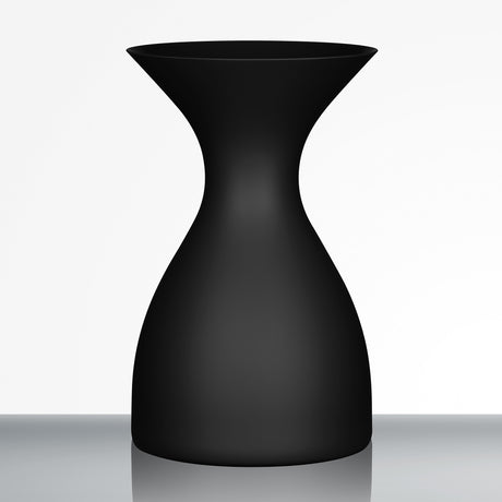The Sydonios Small Wine Tasting Spittoon 630ml in black, featuring a matte hourglass silhouette evocative of professional wine tasting accessories, is displayed on a reflective surface against a plain white background.