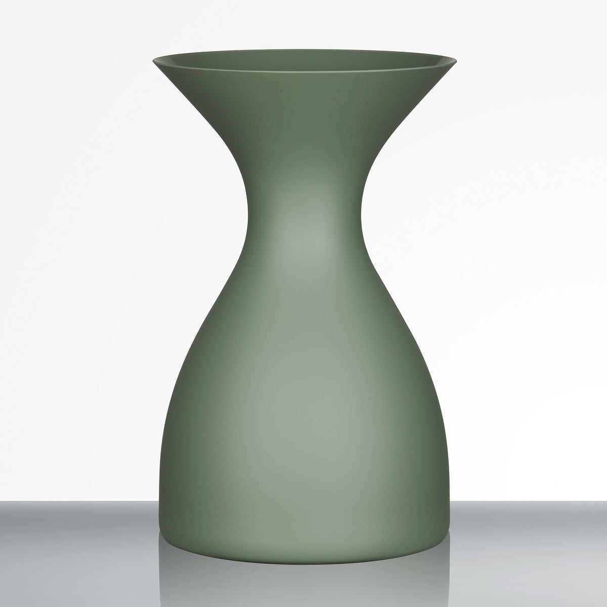 The Sydonios Small Wine Tasting Spittoon 630ml in jade green, featuring an hourglass shape and a matte finish, is displayed on a reflective surface against a plain white background.