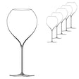 A set of six Lehmann Glass La Poétique Grand Rouge Red Wine Glass 700ml mouth-blown, lead-free crystal wine glasses with long stems and wide, rounded bowls arranged in a diagonal line.