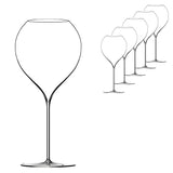 A set of six Lehmann Glass La Poétique Grand Rouge Red Wine Glass 700ml mouth-blown, lead-free crystal wine glasses with long stems and wide, rounded bowls arranged in a diagonal line.