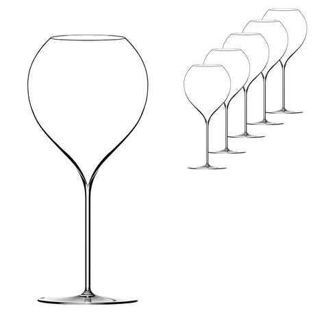 A set of six Lehmann Glass La Poétique Grand Rouge Red Wine Glass 700ml mouth-blown, lead-free crystal wine glasses with long stems and wide, rounded bowls arranged in a diagonal line.