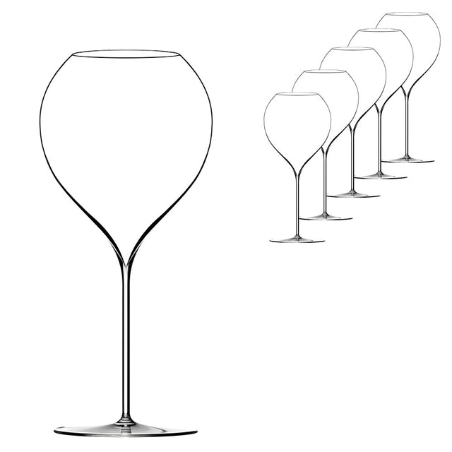A set of six Lehmann Glass La Poétique Grand Rouge Red Wine Glass 700ml mouth-blown, lead-free crystal wine glasses with long stems and wide, rounded bowls arranged in a diagonal line.
