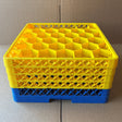 A stack of four Wineware Traex Rack Master Glass Washer Trays (used, great condition, 500x500x240mm, 30 glasses, 81mm cell) sits on a blue base tray against a cardboard background.