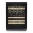 The Liebherr Vinidor UWgb 3632 is a glass-fronted, undercounter wine cabinet holding 32 bottles on four wooden shelves, with two temperature zones, a black frame, and an interior digital display.