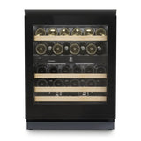 The Liebherr Vinidor UWgb 3632 is a glass-fronted, undercounter wine cabinet holding 32 bottles on four wooden shelves, with two temperature zones, a black frame, and an interior digital display.