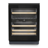 The Liebherr Vinidor UWgb 3632 is a modern black undercounter wine cabinet with a glass door, four wooden shelves, dual temperature zones, and a central digital control—ideal for sleek wine storage of up to 32 bottles.