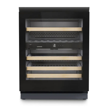 The Liebherr Vinidor UWgb 3632 is a modern black undercounter wine cabinet with a glass door, four wooden shelves, dual temperature zones, and a central digital control—ideal for sleek wine storage of up to 32 bottles.
