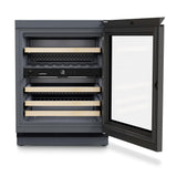 The Liebherr Vinidor 32 Bottle 2-Temperature Undercounter Wine Cabinet (UWgb 3632) features a right-opening glass door, multiple wooden shelves for wine bottles, and an internal digital control panel. The cabinet is shown empty.
