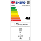 UK energy label for Liebherr Vinidor 32 Bottle 2-Temperature Undercounter Wine Cabinet (UWgb 3632): rated F, uses 105 kWh/year, holds 32 bottles, runs at 36 dB. Label features efficiency scale, UK flag, and QR code at the top.