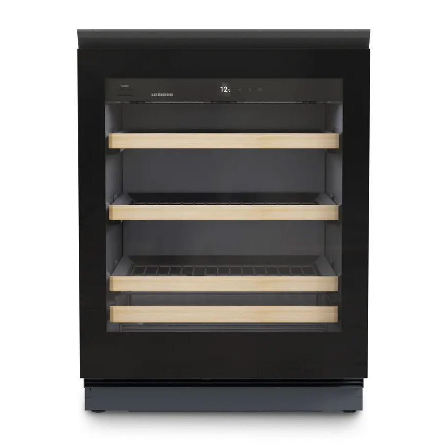 The Liebherr Vinidor UWgb 3631 is a black, modern undercounter wine cabinet with a glass door, three wooden shelves, and top-front digital controls. Designed for storing up to 44 bottles, its empty interior is visible—ideal for storage or long-term ageing.