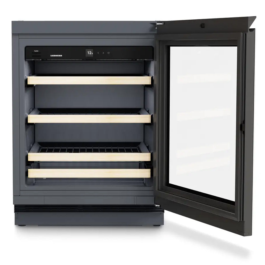 The Liebherr Vinidor UWgb 3631 is a modern, single temperature wine cabinet with a glass door, four wooden shelves, a digital display panel, and a sleek black exterior—ideal for storing up to 44 bottles and long-term ageing undercounter.
