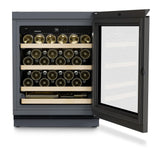 The Liebherr Vinidor UWgb 3631 Undercounter Wine Cabinet stores up to 44 bottles on wooden racks behind a glass door, featuring a top digital temperature display for optimal preservation.