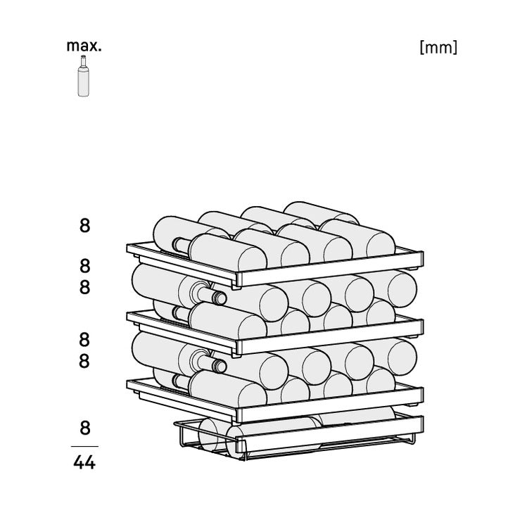 Diagram of the Liebherr Vinidor UWgb 3631 shows four shelves for eight bottles each, plus a lower tray for eight smaller bottles—total capacity 44. Measurements in millimeters are shown on the left, ideal for undercounter wine storage and ageing.