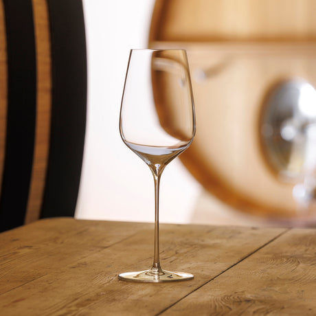 The Sydonios Racine Collection l’Universel Red, White & Champagne Wine Glasses (Set of 2) feature mouth-blown crystal and long stems, ideal for savoring fine wines in a rustic setting reminiscent of a winery.