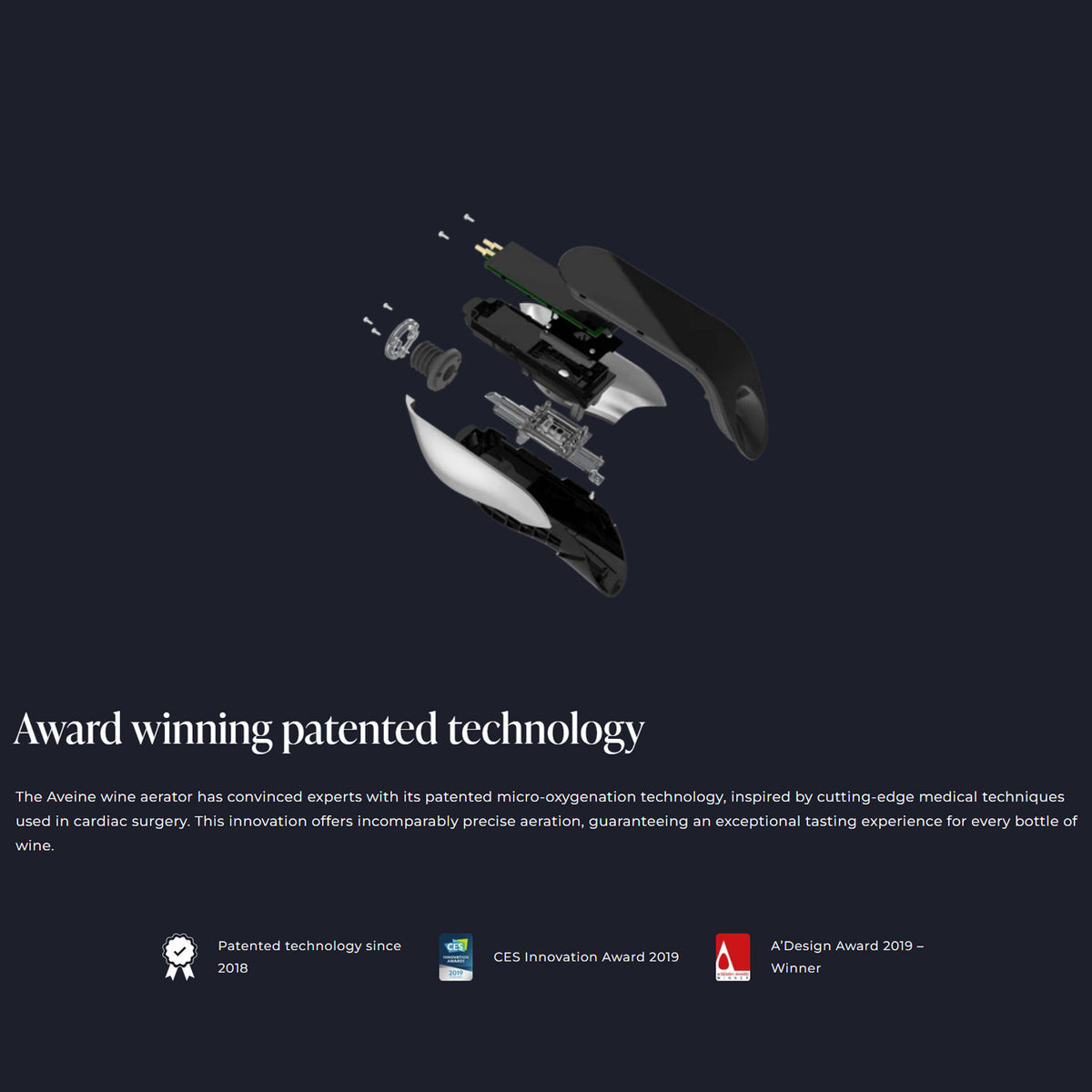 Exploded view of the Aveine Original Smart Wine Aerator revealing its internal components, with text emphasizing Aveine’s patented micro-oxygenation technology for optimal instant aeration (1–24 hours), and several award icons displayed below the description.