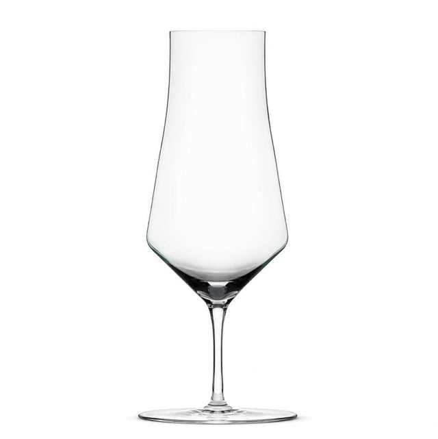 A Zalto Denk Art Cask Stemmed Spirit Glass with a tall, tapered shape and a wide, angular bowl.